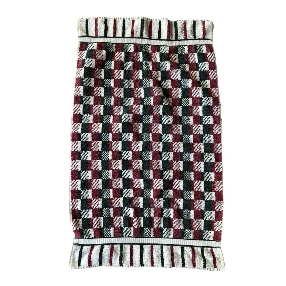 VTG Cotton Bath Towel Burgundy Green White Checked Plaid Border Stripe 42x25